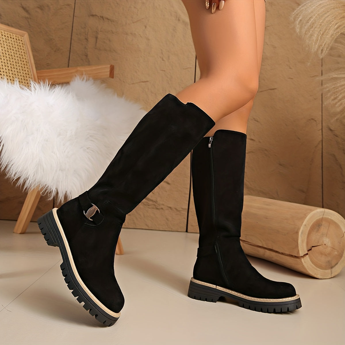 Bottes hautes en daim femme avec boucle et semelle crantée