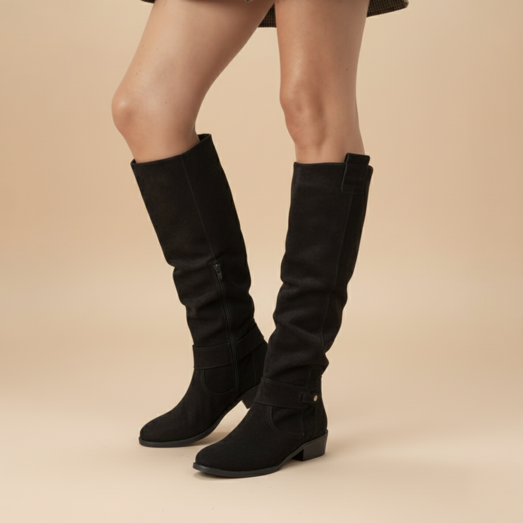 Bottes Hautes en Daim Femme Talon Bas - Noir