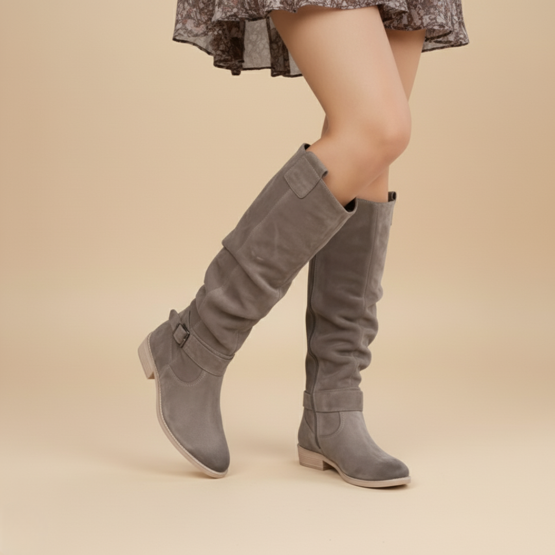 Bottes Hautes en Daim Femme Talon Bas - Gris