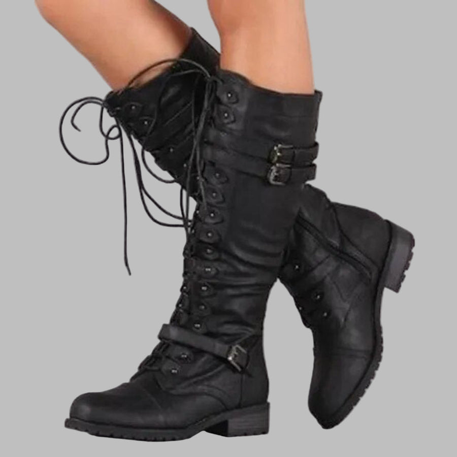 Bottes Hautes Femme à Lacets et Boucles Similicuir Semelle Crantée