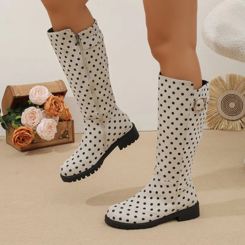 Bottes hautes femme à pois avec boucle et zip