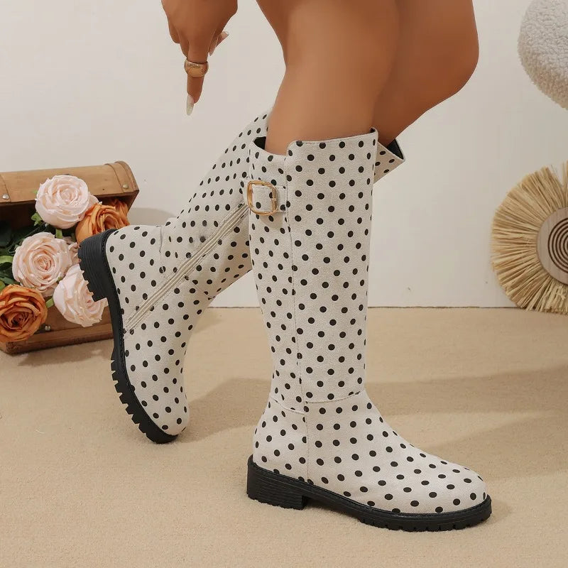 Bottes hautes femme à pois avec boucle et zip