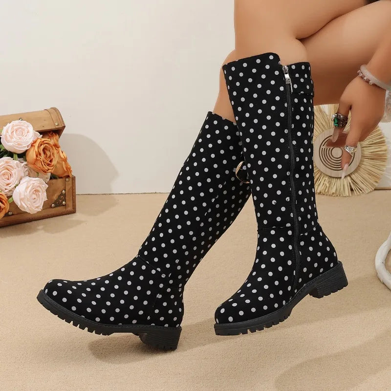Bottes hautes femme à pois avec boucle et zip