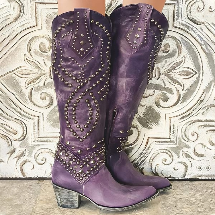 Bottes hautes femme bout pointu talon bloc - Violet