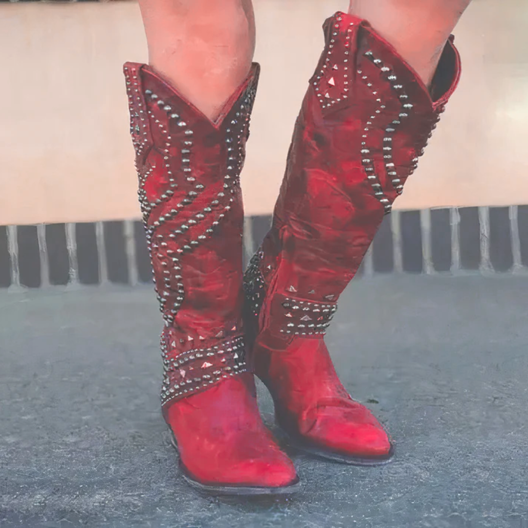Bottes hautes femme bout pointu talon bloc - Rouge