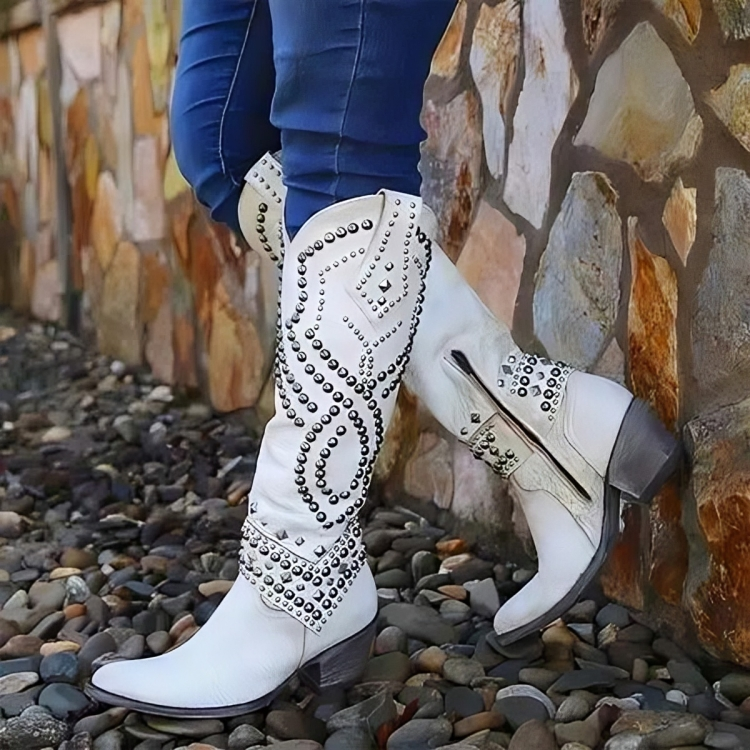 Bottes hautes femme bout pointu talon bloc - Blanc