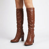 Bottes hautes femme en cuir talon bloc - Marron