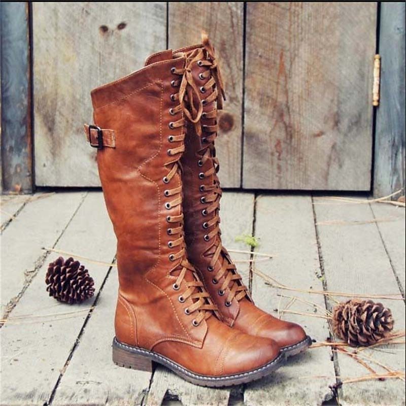 Bottes hautes femme en cuir à lacets avec boucle latérale - Marron