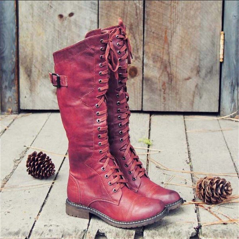 Bottes hautes femme en cuir à lacets avec boucle latérale - Rouge