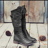 Bottes hautes femme en cuir à lacets avec boucle latérale - Noir