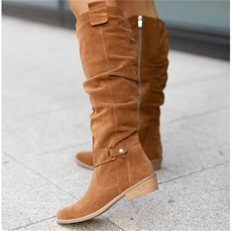 Bottes hautes femme en daim, talon carré, bout rond - Kaki
