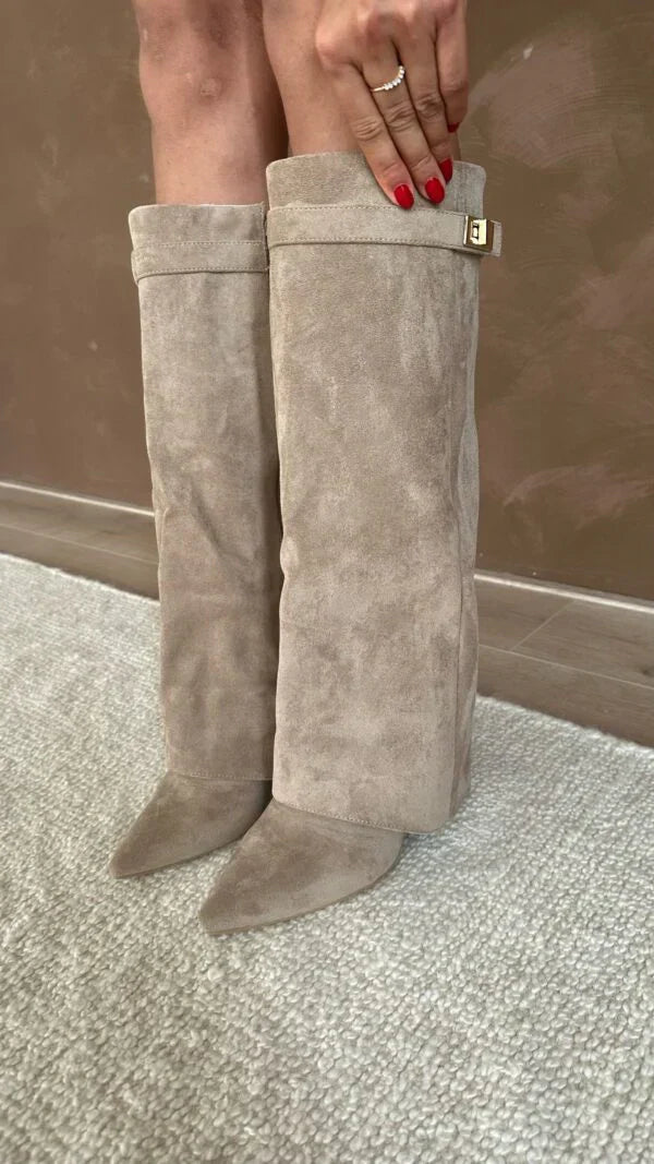 Bottes hautes femme en suédine talon compensé bout pointu