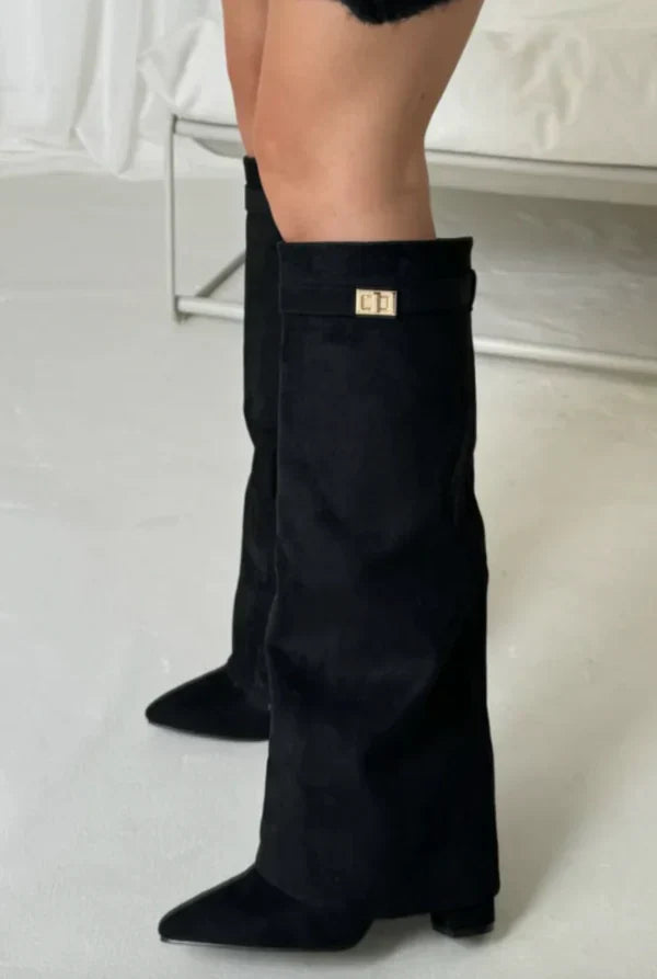 Bottes hautes femme en suédine talon compensé bout pointu