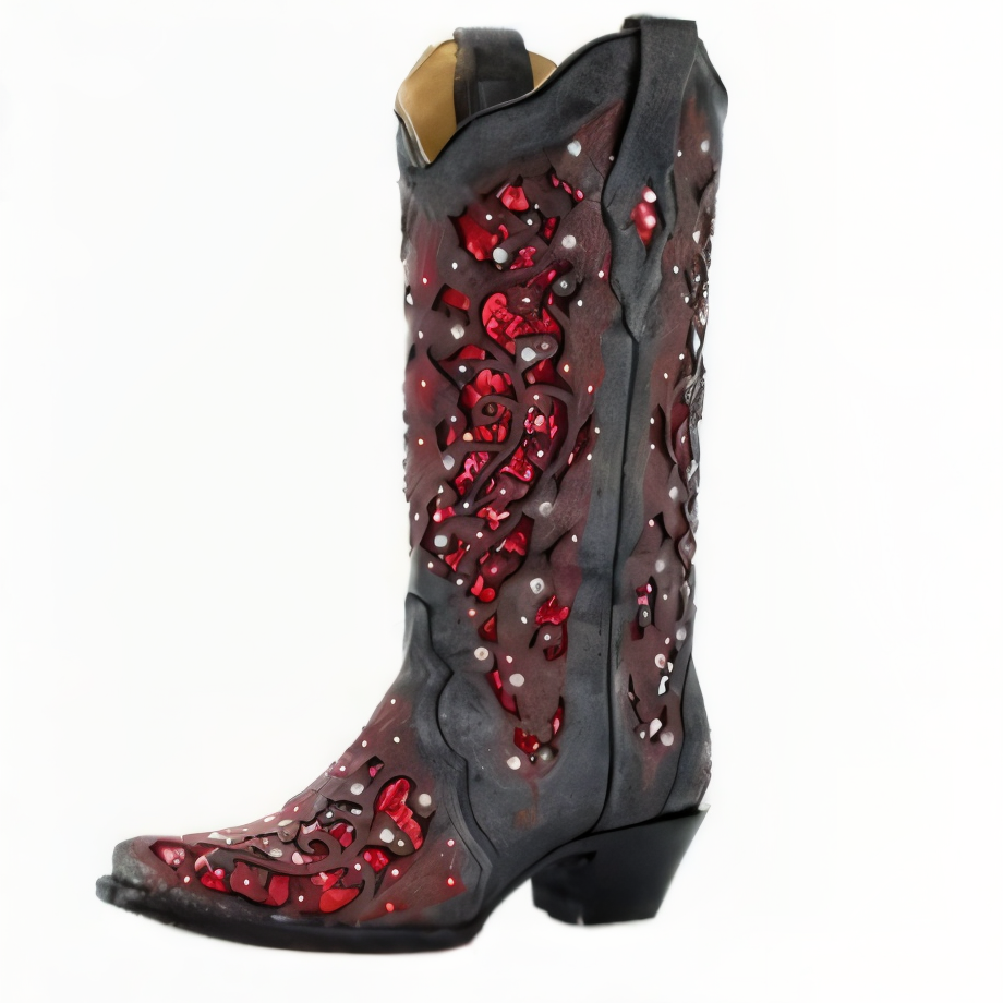 Bottes hautes femme paillettes brodées bout pointu talon carré - Noir