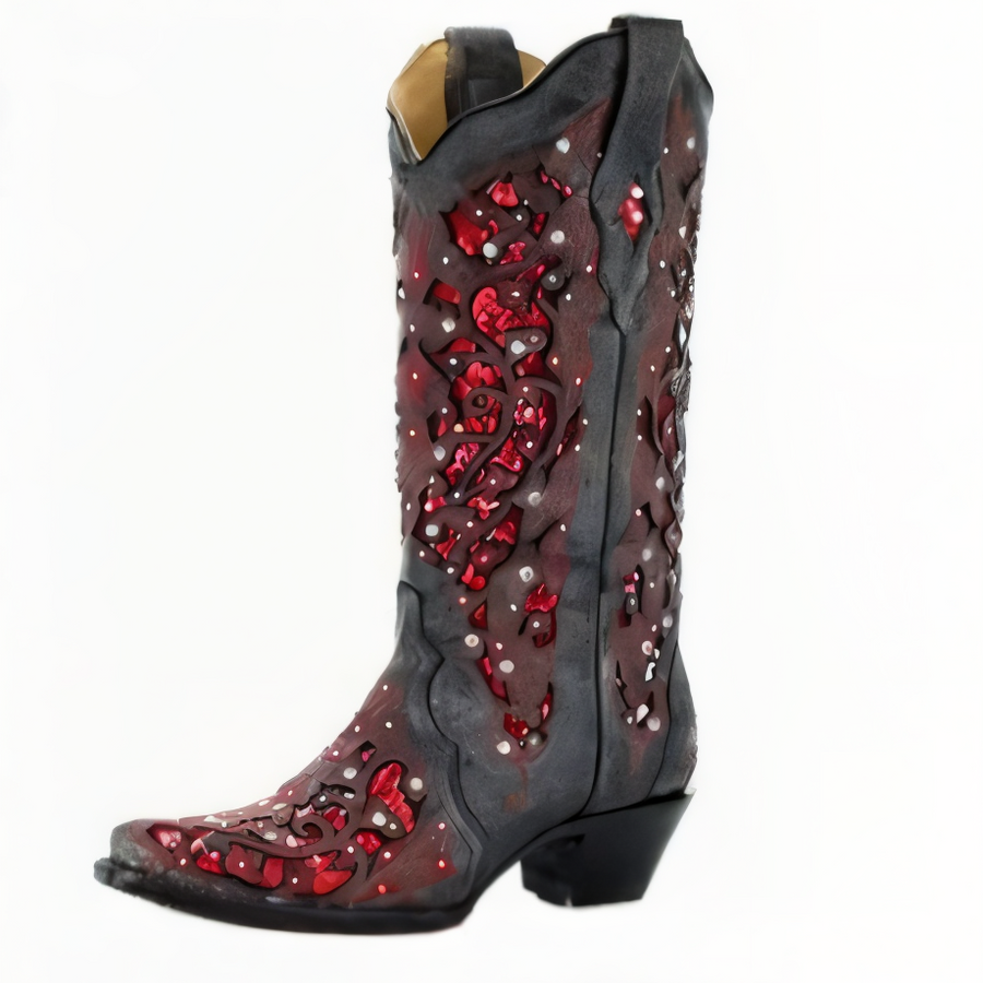 Bottes Hautes Femme Paillettes Brodées Bout Pointu Talon Carré