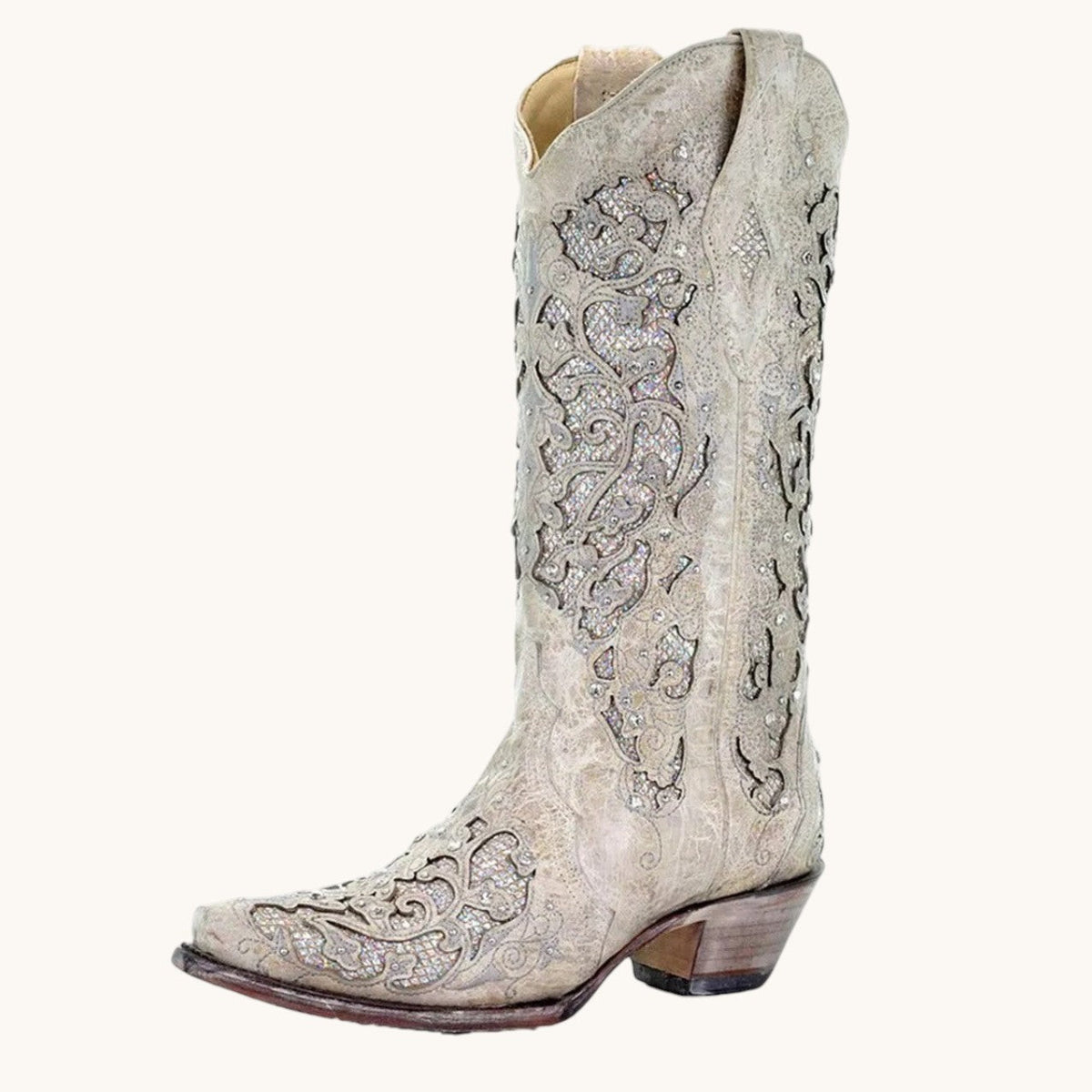 Bottes hautes femme paillettes brodées bout pointu talon carré - Argent