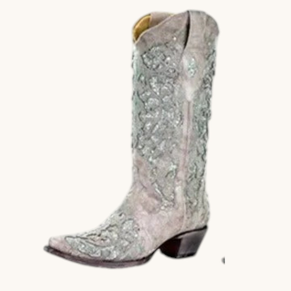 Bottes hautes femme paillettes brodées bout pointu talon carré - Silver and Green