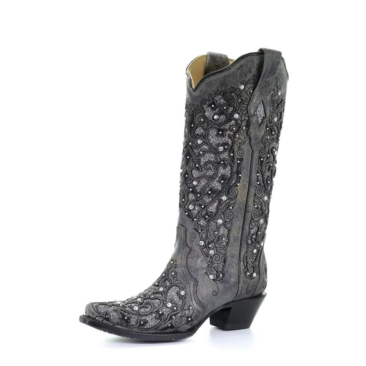 Bottes hautes femme paillettes brodées bout pointu talon carré - Gris Foncé