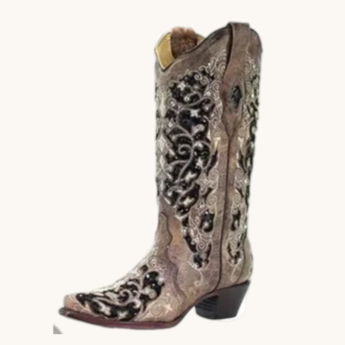 Bottes hautes femme paillettes brodées bout pointu talon carré - Brown and Black