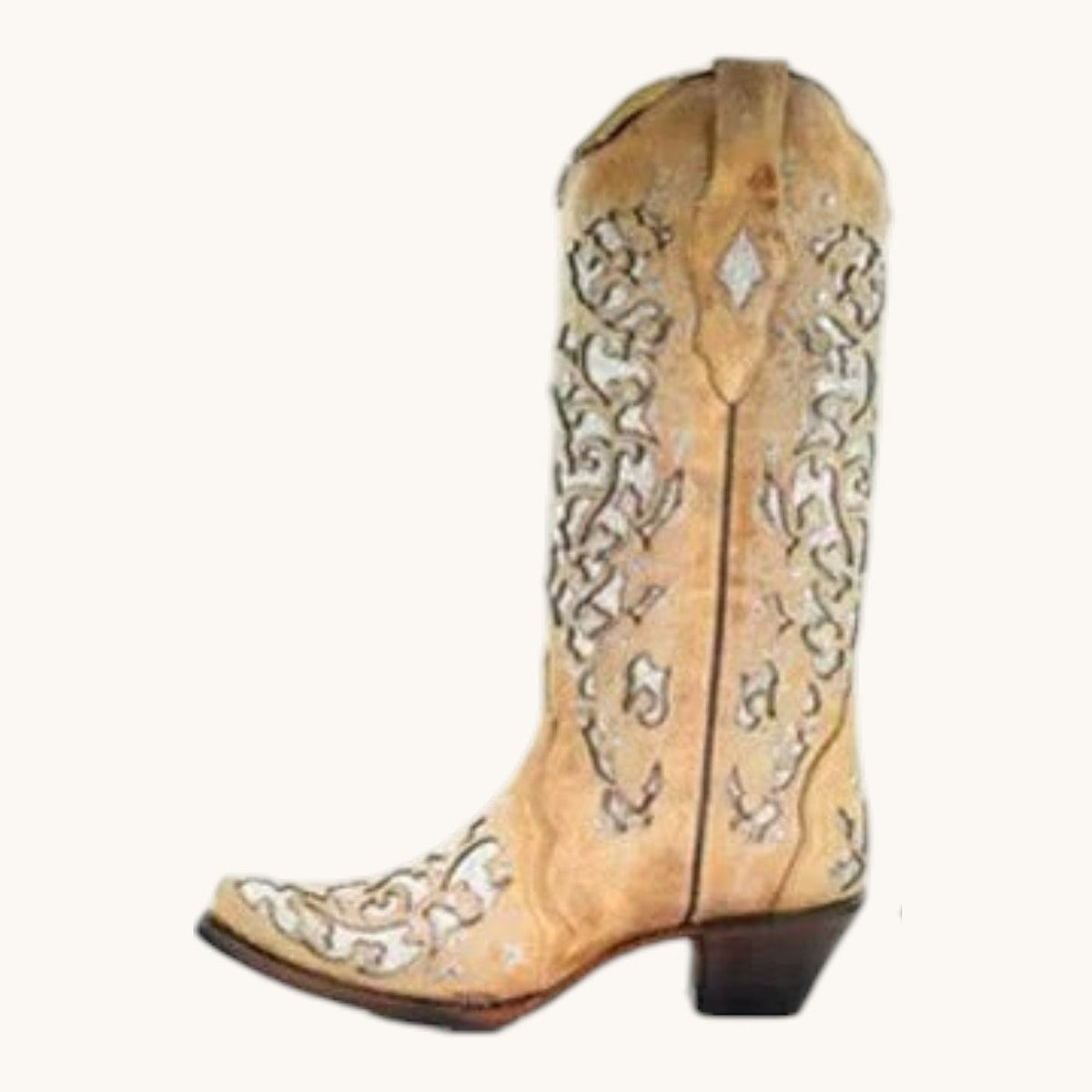 Bottes hautes femme paillettes brodées bout pointu talon carré - Or