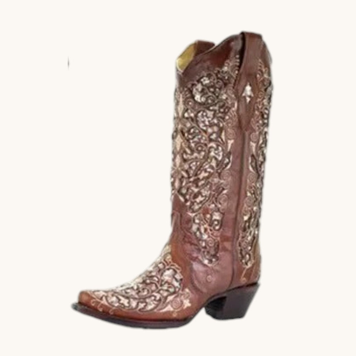 Bottes hautes femme paillettes brodées bout pointu talon carré - Marron