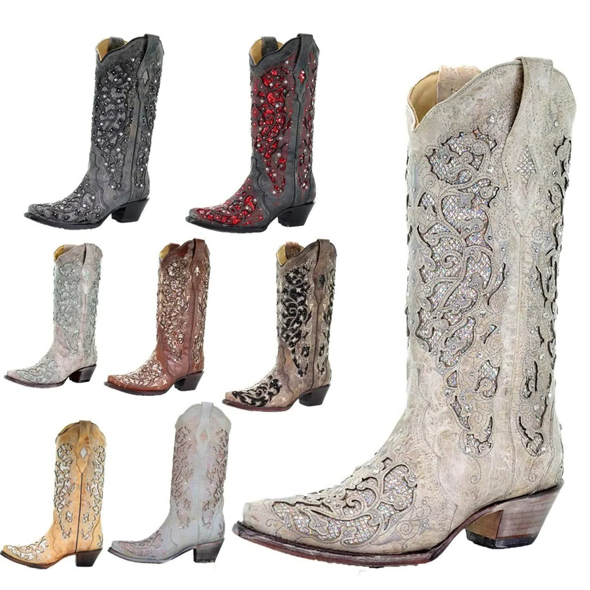 Bottes hautes femme paillettes brodées bout pointu talon carré