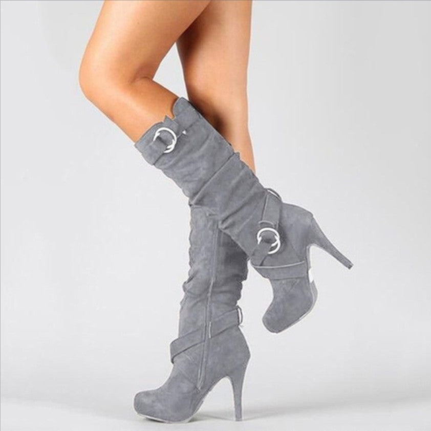 Bottes hautes femme talon aiguille boucles - Gris