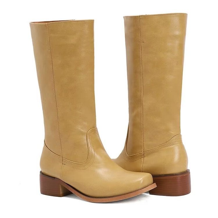 Bottes hautes femme talon bloc en cuir - Jaune