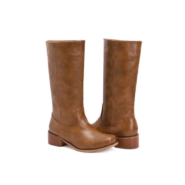 Bottes hautes femme talon bloc en cuir - Marron