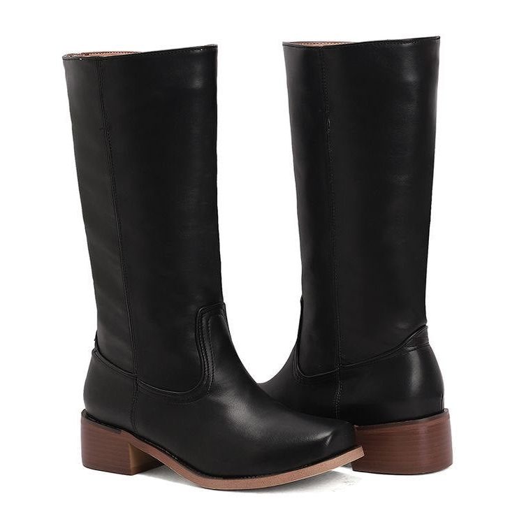 Bottes hautes femme talon bloc en cuir - Noir