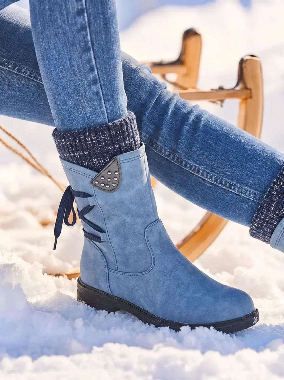 Bottes imperméables femme fourrées zip mollet - Bleu