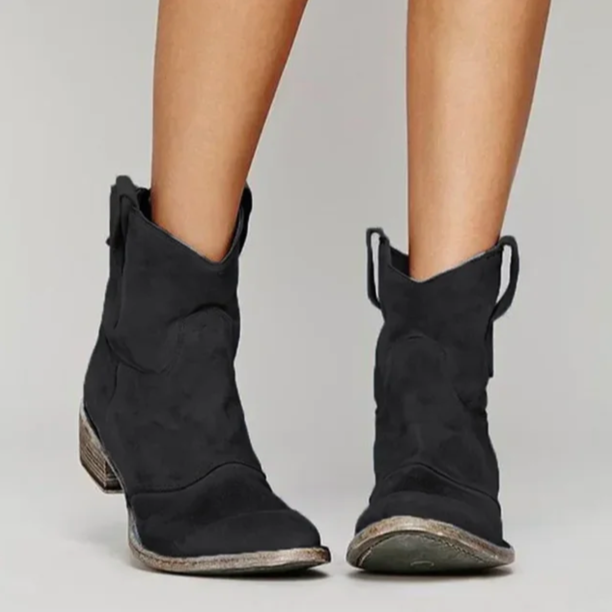 Bottes Santiag Femme en Daim Bout Rond - Noir