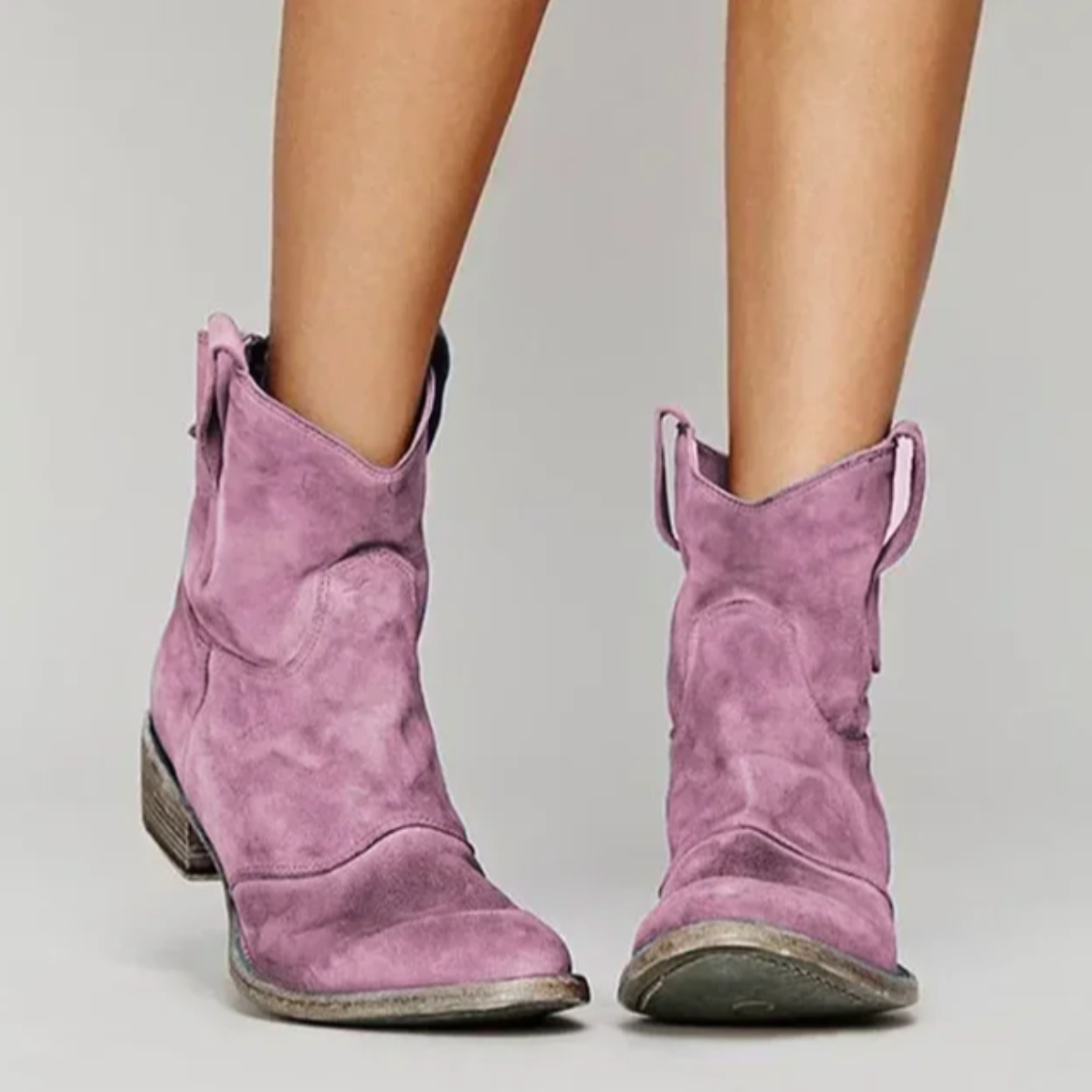 Bottes Santiag Femme en Daim Bout Rond - Rose