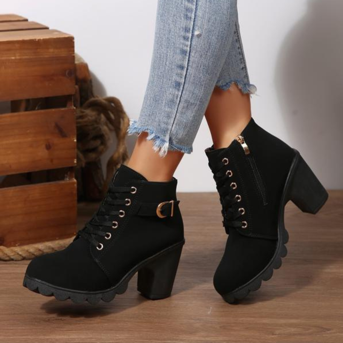 Bottines à lacets femme semelle épaisse confort - Noir