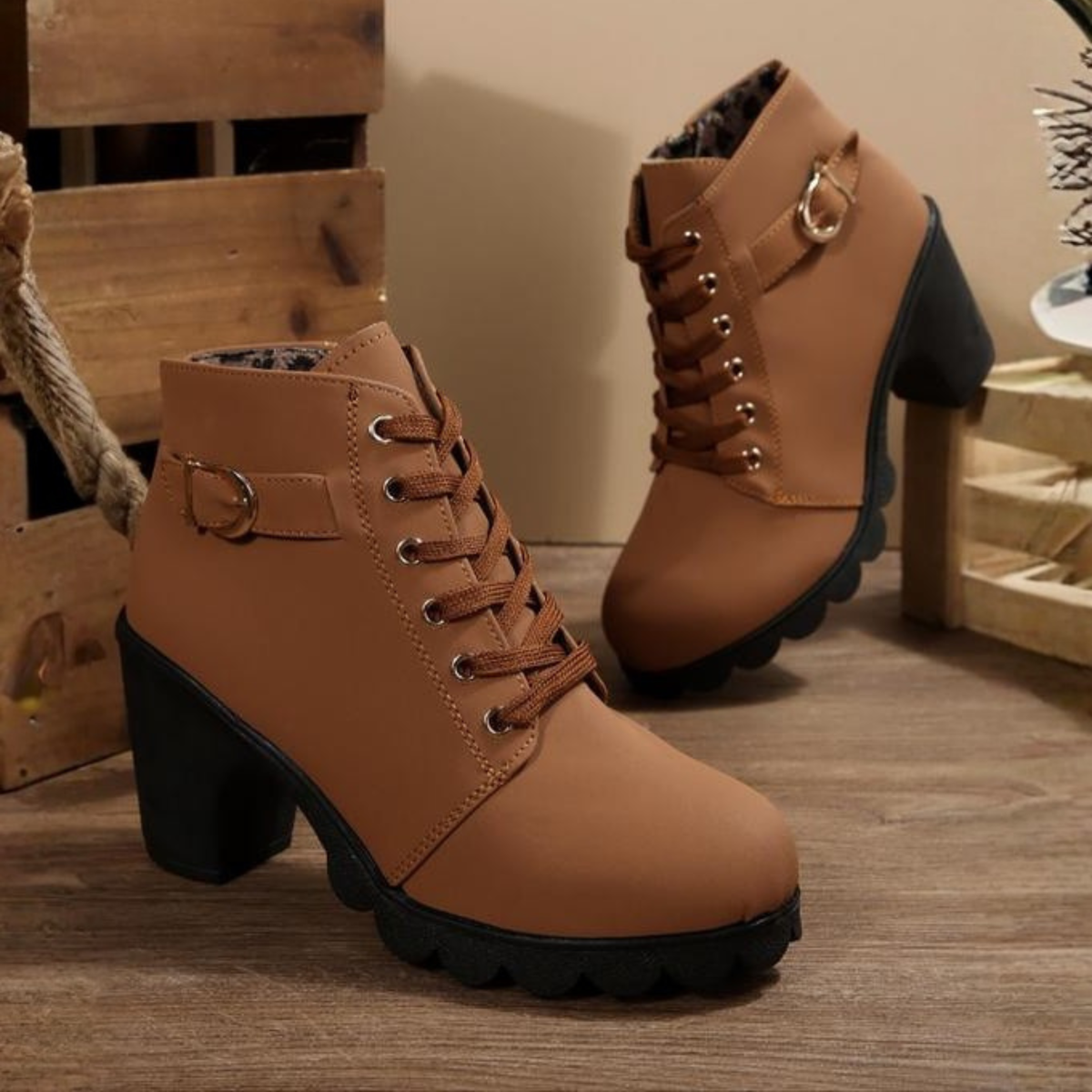 Bottines à lacets femme semelle épaisse confort - Marron