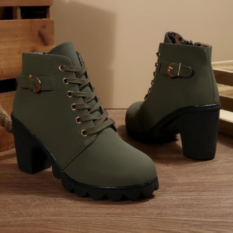 Bottines à lacets femme semelle épaisse confort - Vert Militaire