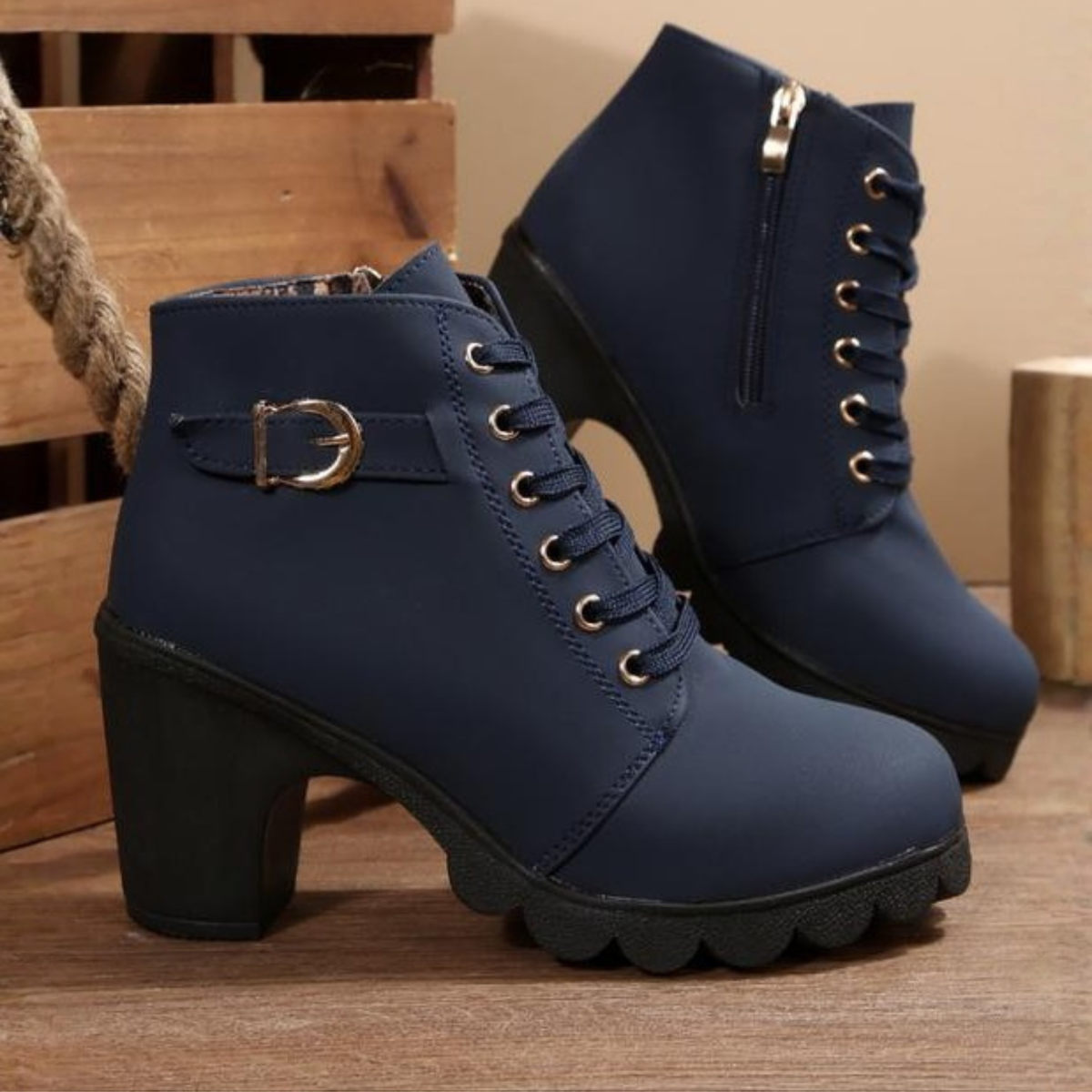 Bottines à lacets femme semelle épaisse confort - Bleu