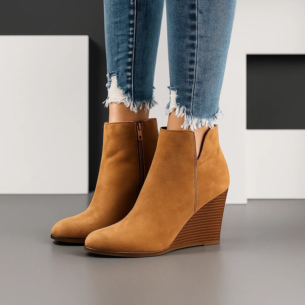 Bottines compensées en daim femme avec découpe latérale - Kaki