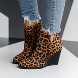 Bottines compensées en daim femme avec découpe latérale - Brown with Leopard Print