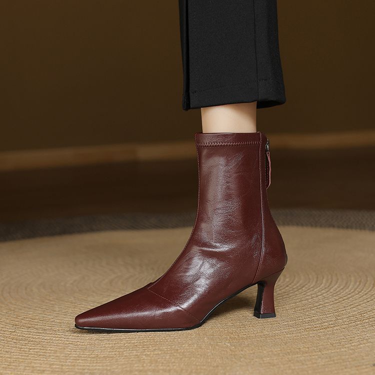 Bottines Cuir Femme Bout Pointu Talon Zip Arrière Confort