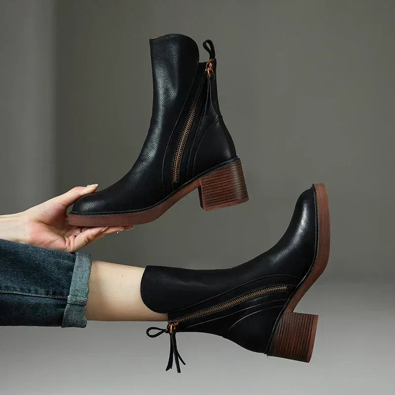 Bottines en cuir femme à talon bloc - Noir
