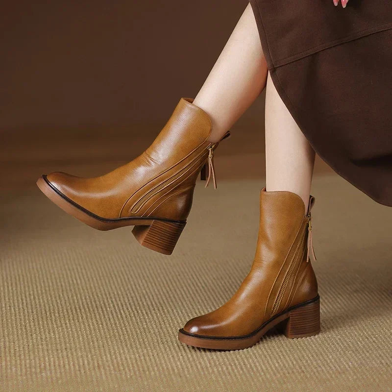 Bottines en cuir femme à talon bloc - Marron