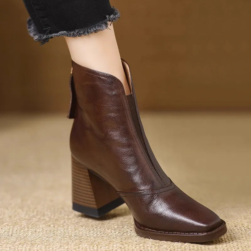Bottines en cuir talon bloc femme bout carré - Marron