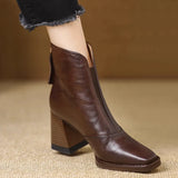 Bottines en cuir talon bloc femme bout carré - Marron