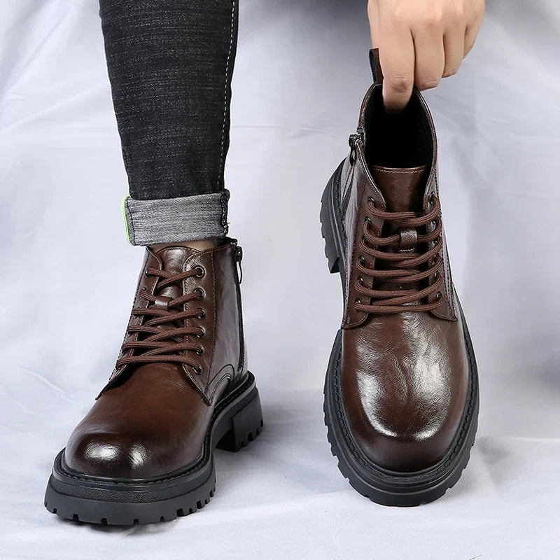 Bottines en cuir véritable effet vieilli avec semelle crantée - Marron
