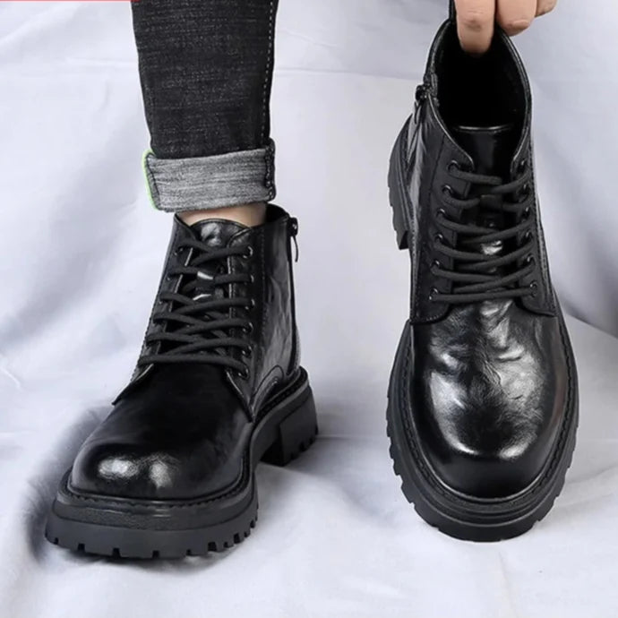 Bottines en cuir véritable effet vieilli avec semelle crantée - Noir