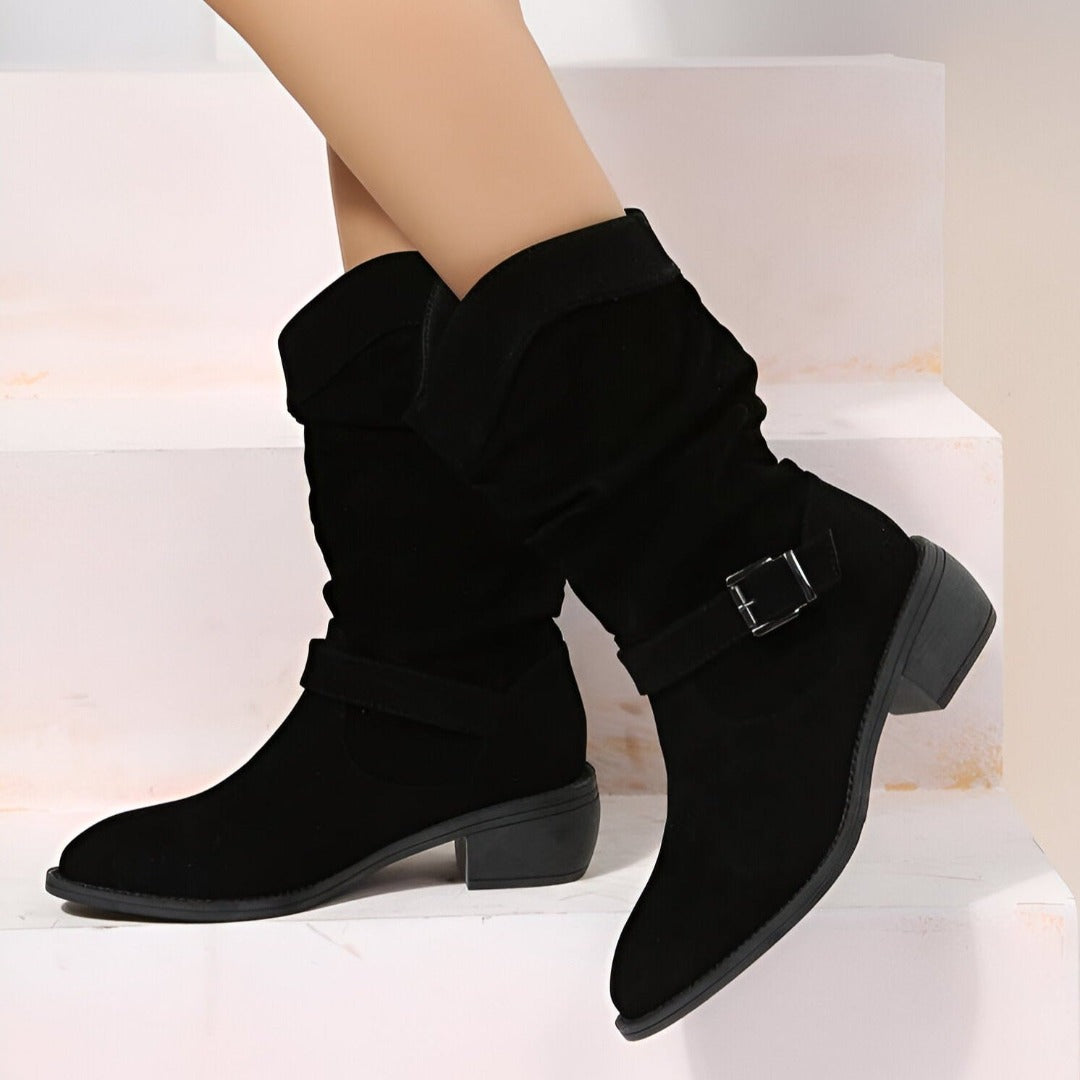 Bottines Femme en Suédine Bout Rond Talon Bas - Noir