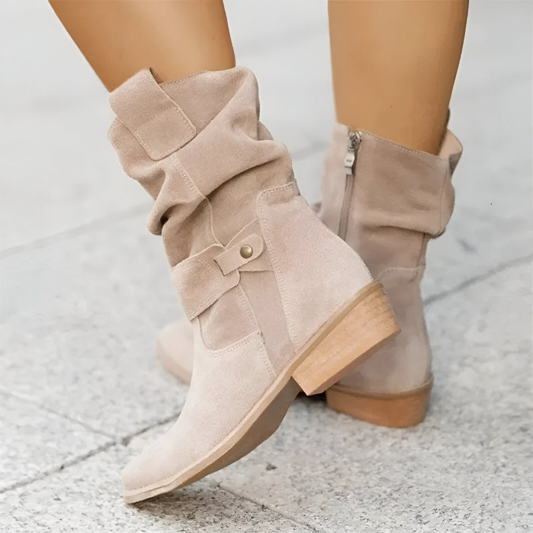 Bottines Femme en Suédine Bout Rond Talon Bas - Beige