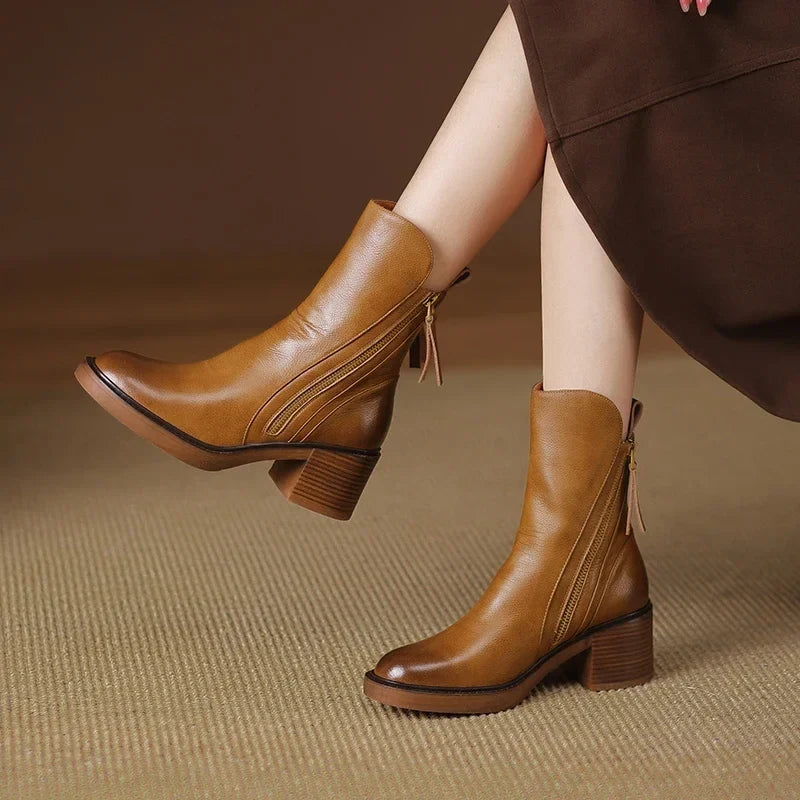 Bottines Femme Talon Bloc Bout Rond Similicuir - Marron