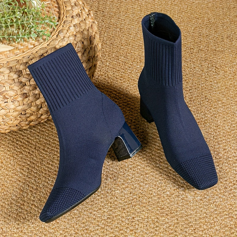 Bottines Chaussette Femme Talon Bloc Bout Carré en Maille